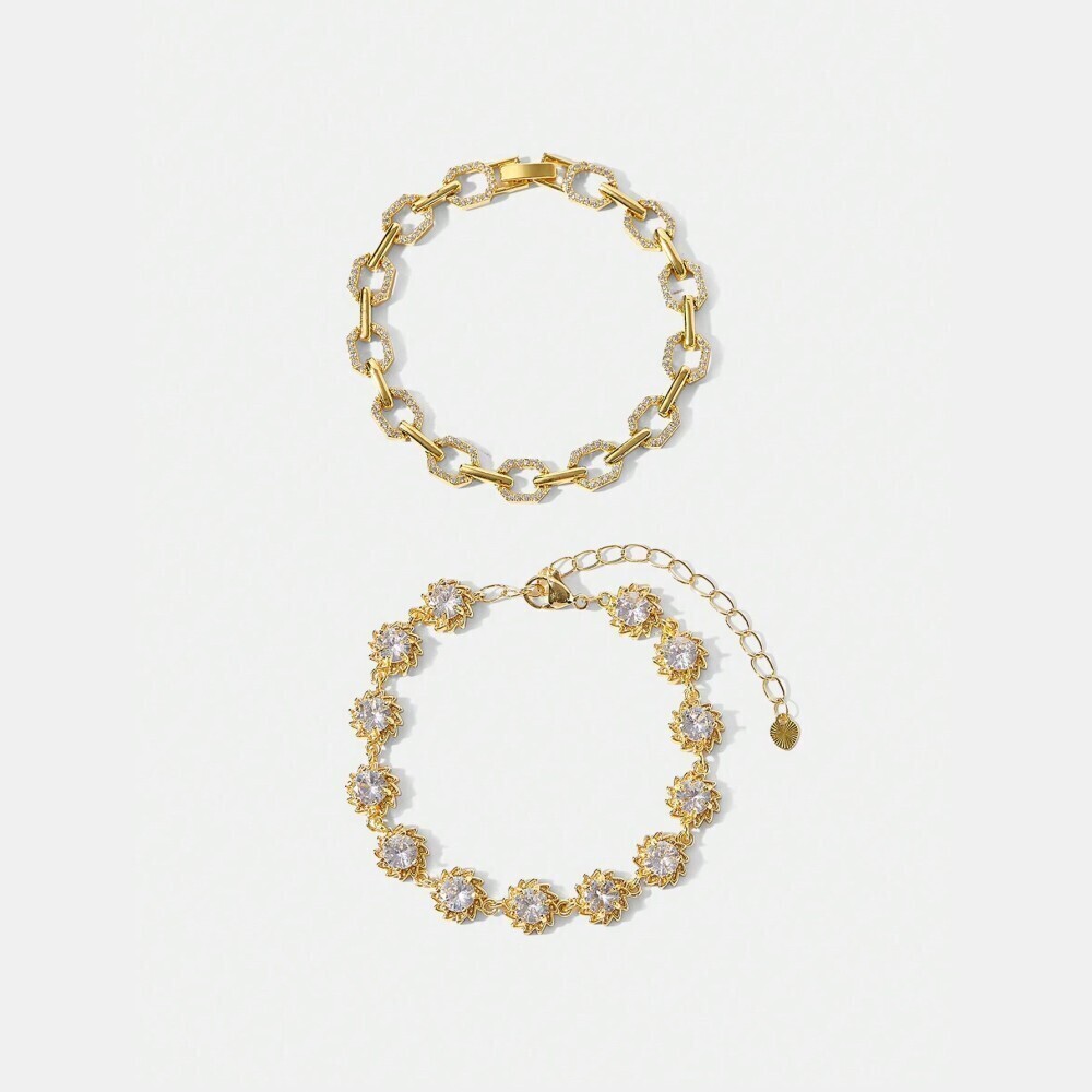 Gold Rhinestone Link Bracelet Set, 2pcs Pave & Floral Cluster